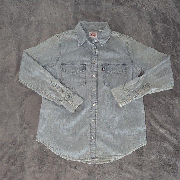 Levis Shirt Womens XS Western Pearl Snap Denim Long Sleeve Cowgirl Rodeo Rock - Picture 2 of 14